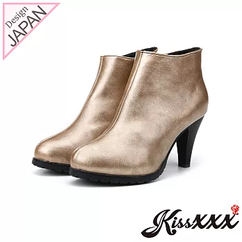 【KissXXX】經典牛紋皮革美腿顯瘦效果高跟短靴35金棕