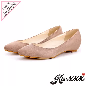 【KissXXX】小心機美腿效果內增高2.5CM淺口尖頭平底休閒鞋35淺咖