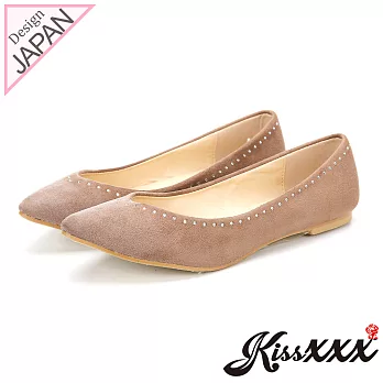 【KissXXX】時尚心機美鑽效果V型淺口舒適平底休閒鞋35淺咖