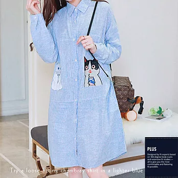 T1701 長版條紋淺藍貓咪刺繡連身裙S淺藍