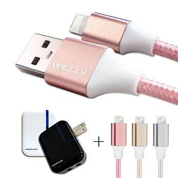 WELLY iPad pro/iPad Air/Air 2/mini 4 LED雙USB旅充頭+金屬系經典編織充電線 旅充組白頭+玫瑰金