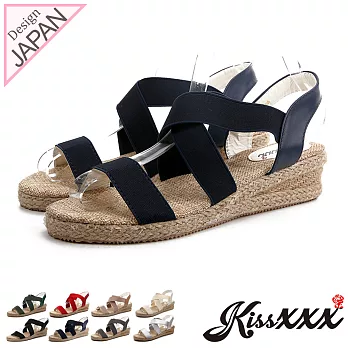 【KissXXX】羅馬風交叉鬆緊彈力帶舒適感小坡跟涼鞋36深藍