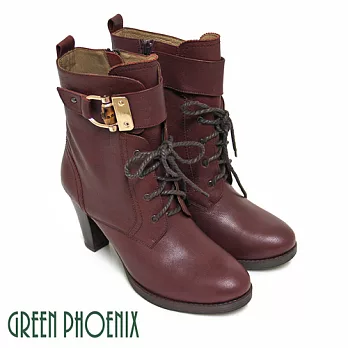 ◤Green Phoenix◥BIS-VITAL 寬版金屬扣環仿麻繩綁帶義大利羊皮粗跟短靴38紅色
