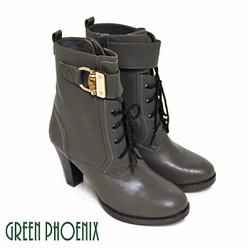 ◤Green Phoenix◥BIS-VITAL 寬版金屬扣環仿麻繩綁帶義大利羊皮粗跟短靴36灰色