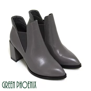 ◤Green Phoenix◥BIS-VITAL 時尚內斂極簡素面側V鬆緊帶義大利羊皮精品粗跟踝靴36灰色