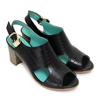 ◤Green Phoenix◥BIS-VITAL 魅力輕熟鏤空壓花紋日本進口小牛皮多彩粗高跟涼鞋35.5黑色