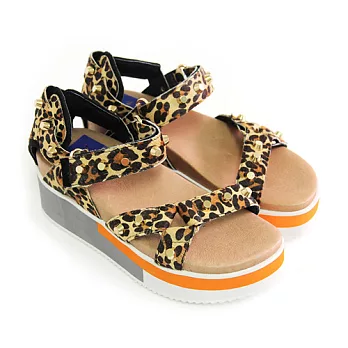 ◤Green Phoenix◥BIS-VITAL 個性本色立體釘扣鏤空金屬感/花豹紋義大利進口動物紋皮厚底涼鞋35咖啡色