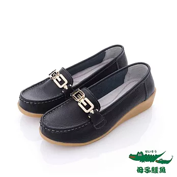母子鱷魚(女) - 8字金扣超軟楔型膠底休閒帆船鞋36黑