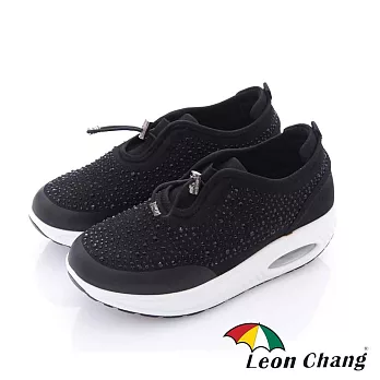 Leon Chang(女) - 晶鑽 厚底搖擺氣墊直套休閒運動鞋-亮黑35黑