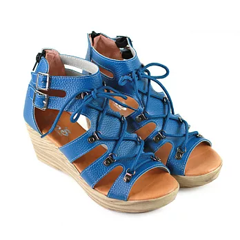 【Pretty】簡約綁帶縷空楔型魚骨涼鞋22.5藍色