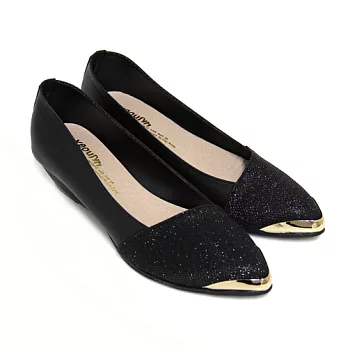 【Pretty】質感金蔥拼接金邊楔型尖頭包鞋22.5黑色