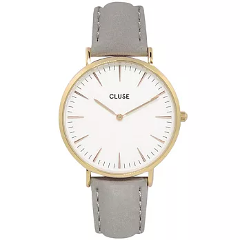 CLUSE荷蘭精品手錶波西米亞金色系列 白錶盤/灰色皮革錶帶手錶38mm