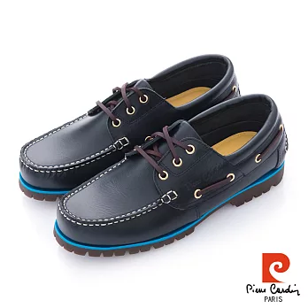 Pierre Cardin(男) - 航海家 金扣描線大底綁帶帆船鞋 - 深藍25藍