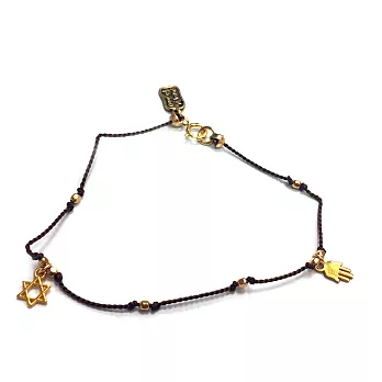 One of a kind 咖啡色線 亮金豆豆 幸運小手X能量六芒星 細款手鍊