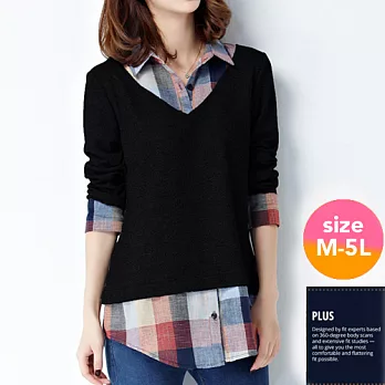 【SCL】T1714 假兩件氣質格紋全棉罩衫M黑色