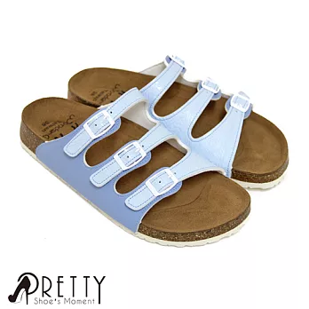【Pretty】甜美壓花紋多線條牛皮中底休閒拖鞋39水藍色