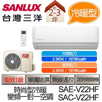 SANLUX 台灣三洋 SAE-V22HF / SAC-V22HF 變頻 一對一 時尚型 冷暖 (適用坪數約3-4坪、2.3KW) ※贈基本安裝