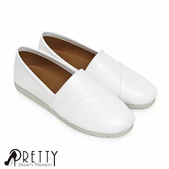 【Pretty】素面帆布皮料休閒懶人鞋22.5白色