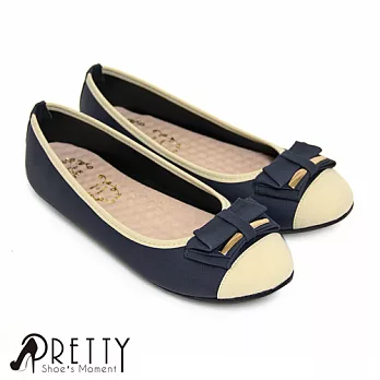 【Pretty】大尺碼-層次朵結金屬拼接平底娃娃鞋25.5藍色