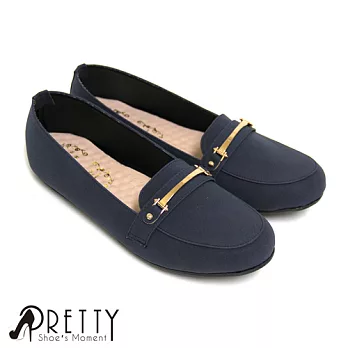 【Pretty】大尺碼-一字金屬平底樂福鞋26藍色