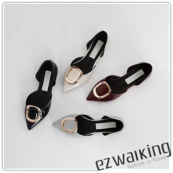 ezwalking{韓國女鞋}金色扣環尖頭亮皮側簍空平底鞋-5色灰、白、粉、黑、紅