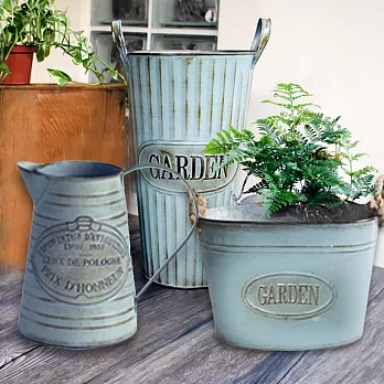 【Meric Garden】歐式仿舊復古雜貨風灰藍鐵藝裝飾花器 (超值風格3入組-限量贈植栽木片小籃)高桶/提盆/澆水罐