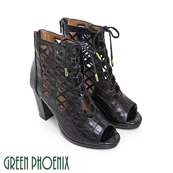 ◤Green Phoenix◥BIS-VITAL 前衛幾何鏤空皮革壓花紋綁帶日本牛皮粗高跟魚口涼鞋EU35黑色