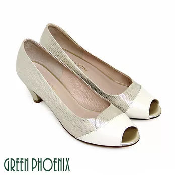 ◤Green Phoenix◥金屬感撞色皮革壓花紋全真皮中跟魚口鞋US4.5金色