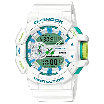 CASIO G-Shock 夏日風情大錶冠電子錶(白/湖水綠 GA-400WG-7A)