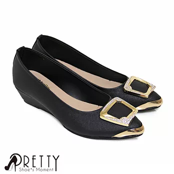 【Pretty】優雅璀璨方框水鑽金屬尖頭楔型鞋JP22.5黑色