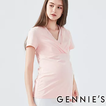 【Gennies專櫃】Gennies系列-Ｖ領親膚短袖彈性上衣-粉桔