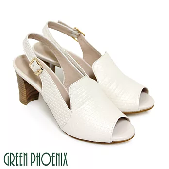 ◤Green Phoenix◥皮革壓立體花紋繞踝全真皮粗高跟魚口涼鞋US4.5米色