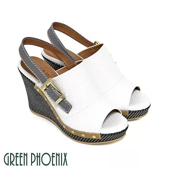 ◤Green Phoenix◥BIS-VITAL 金屬寬版皮扣繞踝義大利羊皮格紋楔型涼鞋EU34.5白色