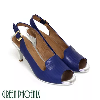 ◤Green Phoenix◥BIS-VITAL 直條凸紋金屬扣繞踝義大利羊皮魚口高跟涼鞋EU34.5藍色