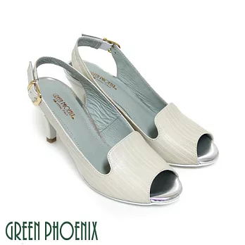 ◤Green Phoenix◥BIS-VITAL 俐落直條壓凸紋金屬扣繞踝義大利羊皮魚口高跟涼鞋EU35白色