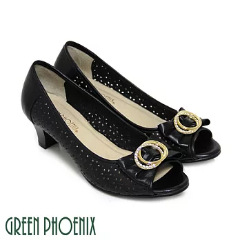 ◤Green Phoenix◥抓皺立體蝴蝶結圓形金屬水鑽鏤空雕花全真皮粗跟魚口鞋US4.5黑色