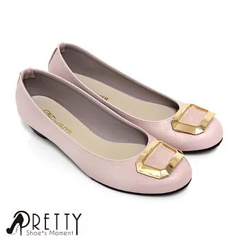 【Pretty】優雅氣質金屬框飾圓頭低跟鞋JP24.5粉紅色
