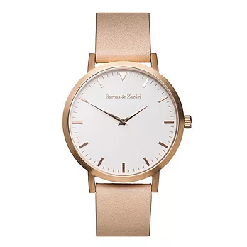 Barbas&Zacári澳大利亞精品手錶 原始系列 桃粉皮革錶帶 玫瑰金色錶框 白色錶盤43mm