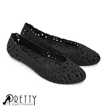 【Pretty】防水百花縷空平底尖頭娃娃鞋/雨鞋EU37黑色