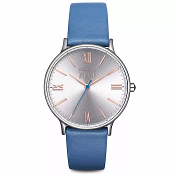 ELLE 率性羅馬皮革時尚腕錶-銀x藍/33mm銀x藍