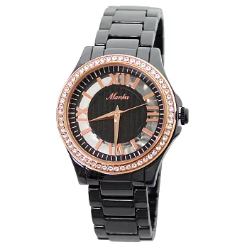 Manka 名家 1989 華麗氣質羅馬鑲鑽圓環鏤空陶瓷錶- 黑色