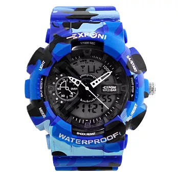 EXPONI 3187 玩酷炫色流行運動電子指針雙顯手錶迷彩藍