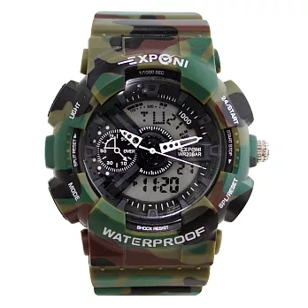EXPONI 3187 玩酷炫色流行運動電子指針雙顯手錶迷彩綠