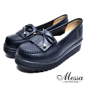 【Messa米莎專櫃女鞋】MIT可愛流蘇蝴蝶結莫卡辛內真皮厚底鬆糕鞋-黑色EU35黑色