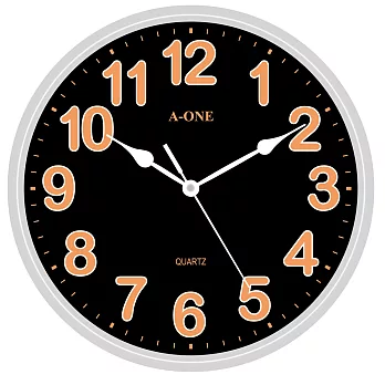 A-ONE TG-0315 輕巧個性對比色彩螢光數字黑面靜音掛鐘- 橙字