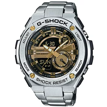 G-SHOCK「絕對強悍」再進化霸氣風格時尚運動限量鋼帶腕錶-銀+玫瑰金-GST-210D-9A