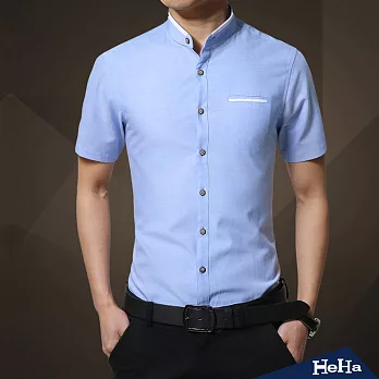 襯衫 拼接立領口袋修身短袖襯衫 四色-HeHa-3XL（淺藍）