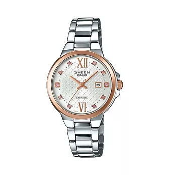 CASIO SHEEN 溫柔氛圍展現時尚女性錶款-銀+玫瑰金-SHE-4524SPG-7A
