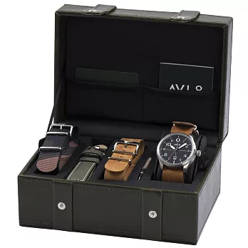 【AVI-8】FLYBOY 飛行男孩時尚禮盒組/贈三條錶帶 (黑/咖啡 AIAV402809)