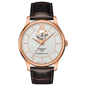 TISSOT TRADITION 駿雅系列鏤空風格時尚自動機械腕錶-玫瑰金-T0639073603800